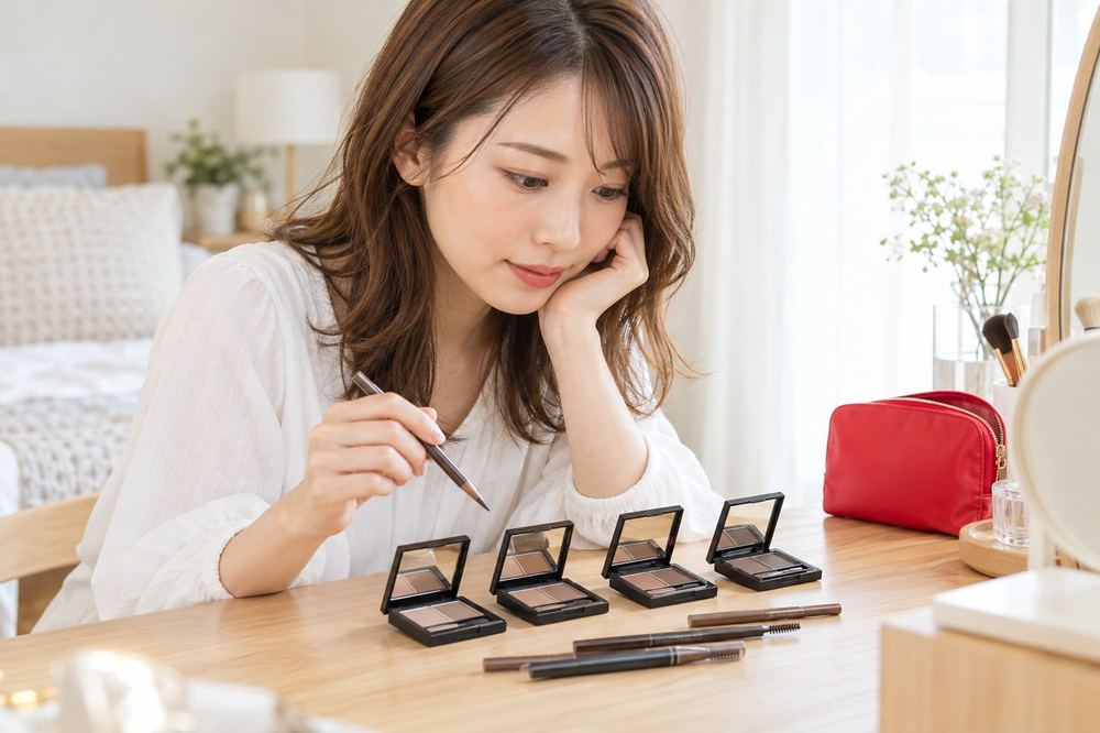 女性が眉用のペンシルと数種類の色のパウダーを並べて、髪の色に合う色を選んでいる