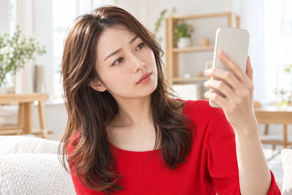 女性がスマホの画面に映った自分の顔を見て、眉の濃さを確かめながら首をかしげている
