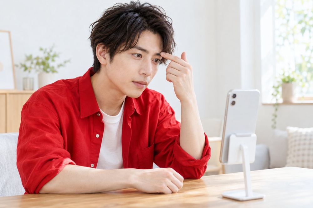 男性がスマホを台に立てて、配信前に顔の映りを確かめ、眉を指で整えている