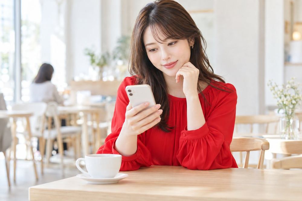 女性がカフェのテーブルでスマホのメッセージ画面を見ながら、メイクの相談内容を考えている
