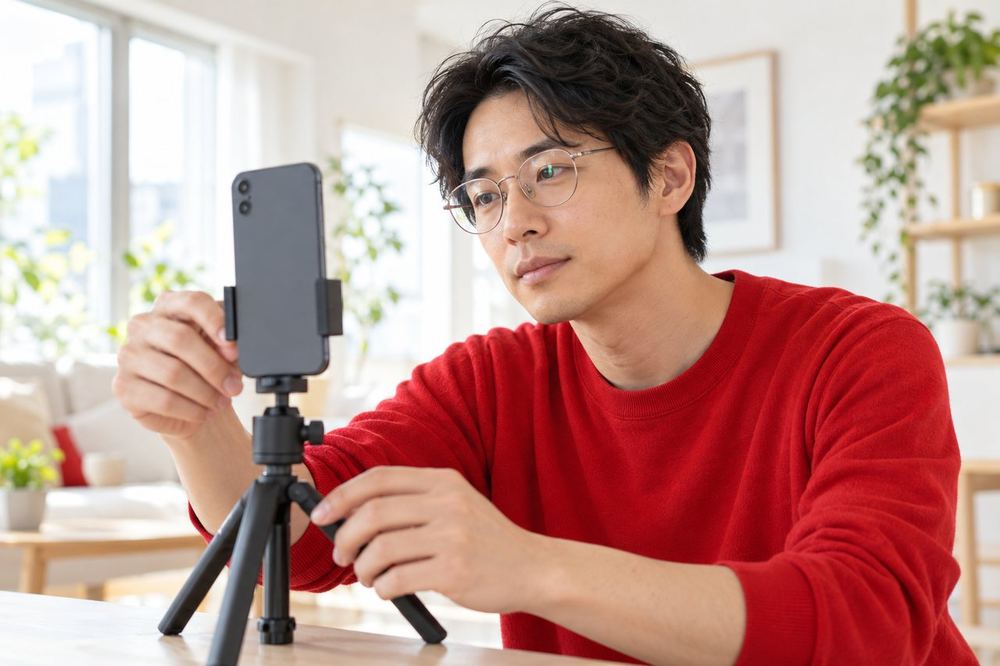30代の男性がメガネをかけたままスマホを三脚に立て、レンズに映った照明の白い光を確かめている