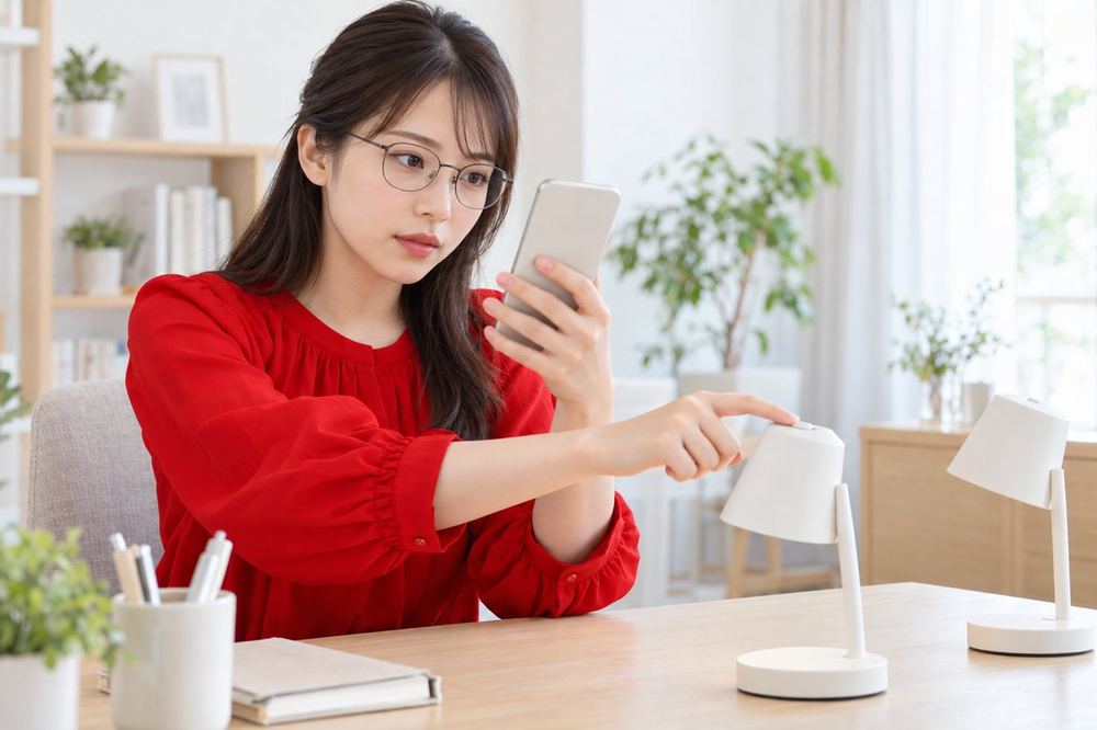 20代の女性が机の上のライトを一つずつ消しながら、スマホの画面でメガネの光が消える瞬間を確かめている
