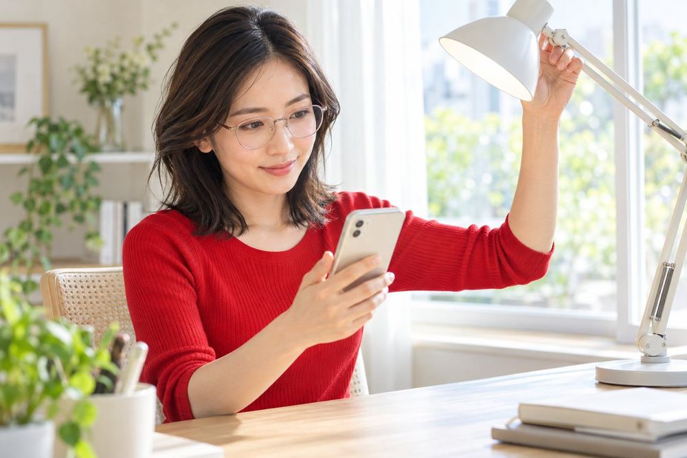 窓際の机で30代の女性がデスクライトを顔の斜め上に動かし、スマホの画面でレンズの光が消えたことを確かめている