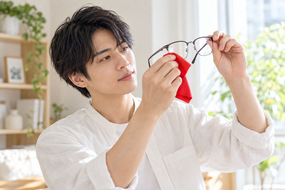20代の男性が柔らかい布でメガネのレンズを丁寧に拭き、光にかざして汚れが残っていないか確かめている