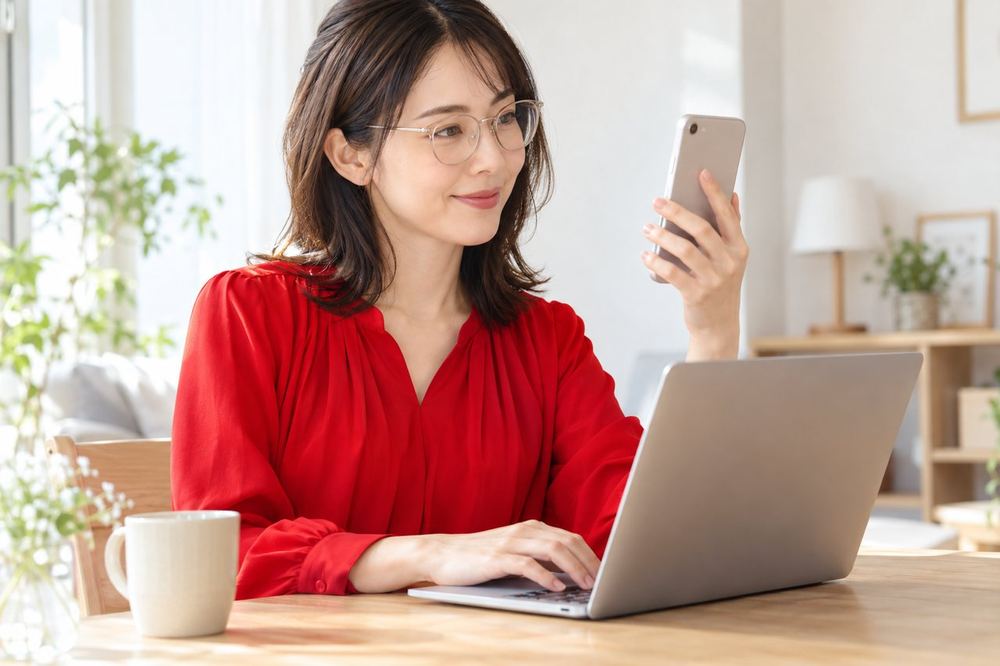 30代の女性がノートパソコンの画面の明るさを下げ、レンズに映る四角い光が消えたことをスマホの画面で確かめている