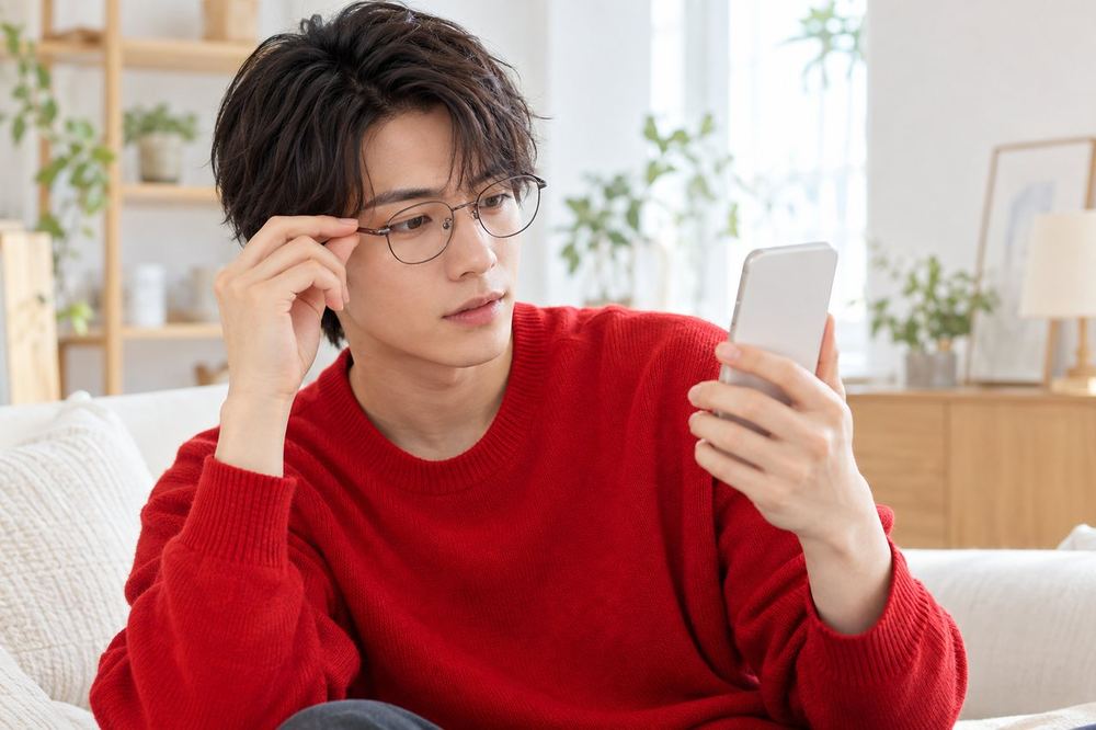 20代の男性が配信を終えたあと、スマホでLIVEの録画を再生しながら、メガネに光が映っていないかを確かめている