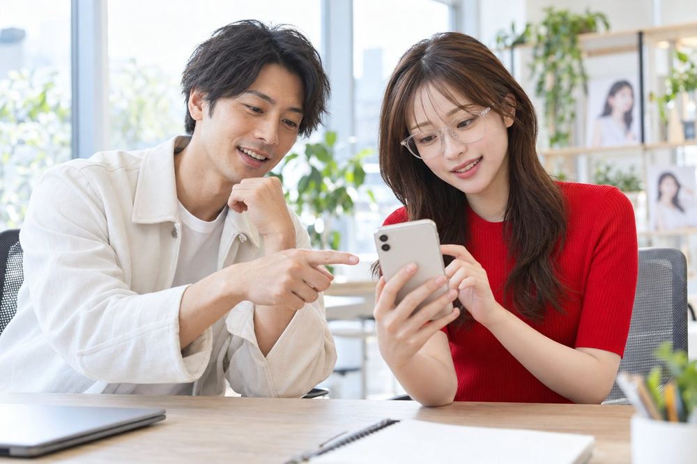 明るいオフィスで、ライバー経験のある男性のマネージャーが、メガネをかけた20代の女性とスマホの映りを見ながら話している