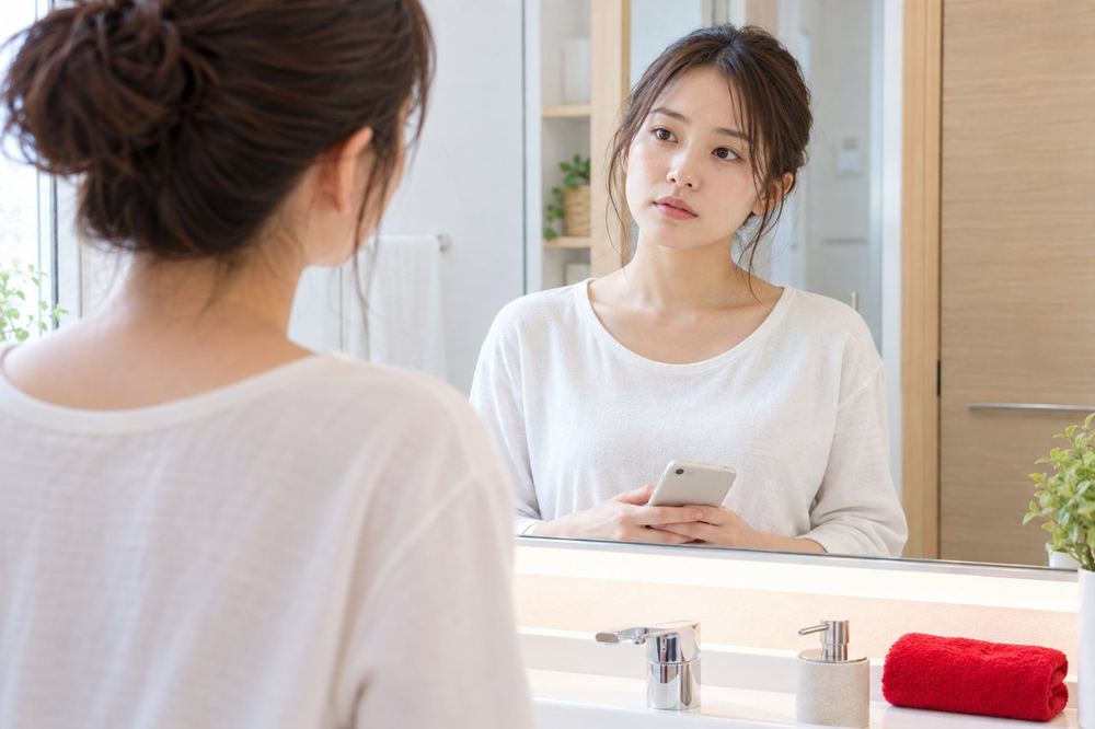 20代の女性が洗面所の鏡の前で、化粧をしていない自分の顔を見て、配信するかどうかを考えている