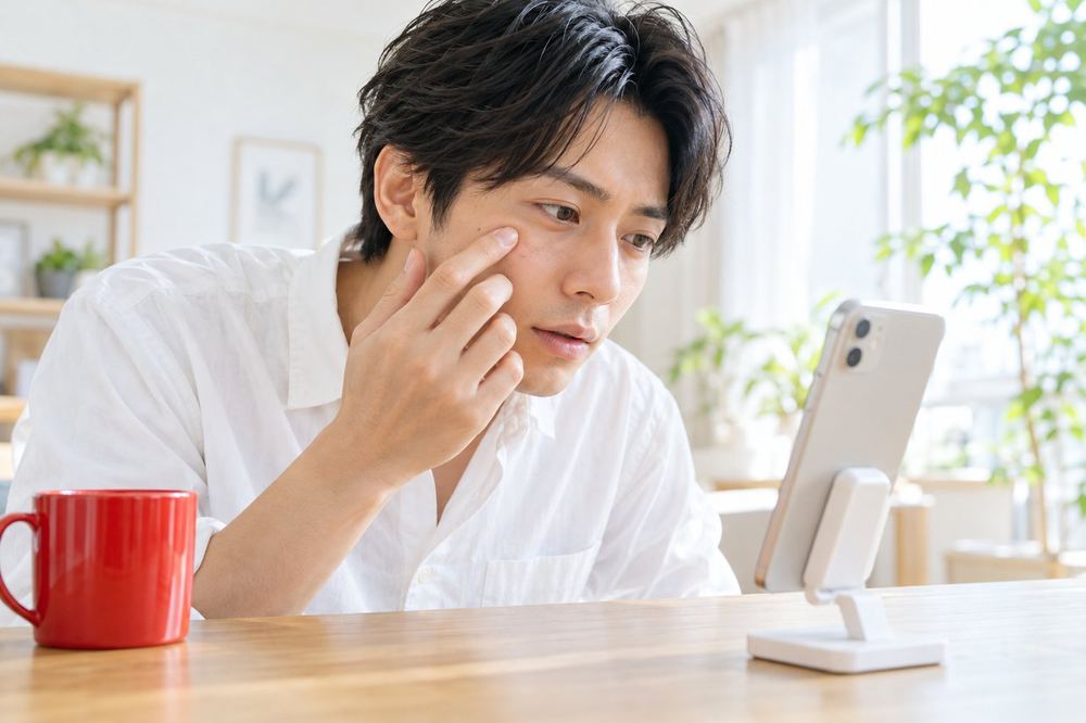 30代の男性が机にスマホを立てて、インカメラに映った自分の顔色と目の下の影を確かめている