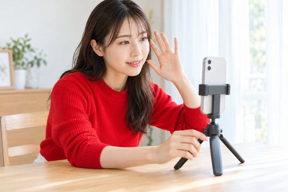 窓際の机で20代の女性がスマホを三脚に立て、顔に当たる光の向きを手で確かめながら位置を直している