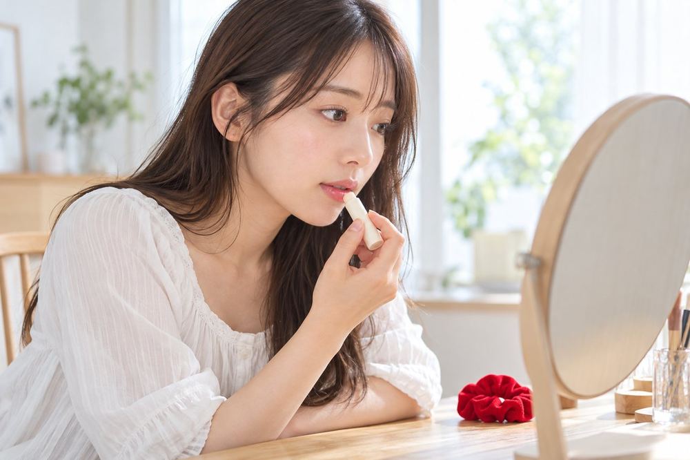 20代の女性が机の鏡の前で、色つきのリップクリームを唇に薄くのせている