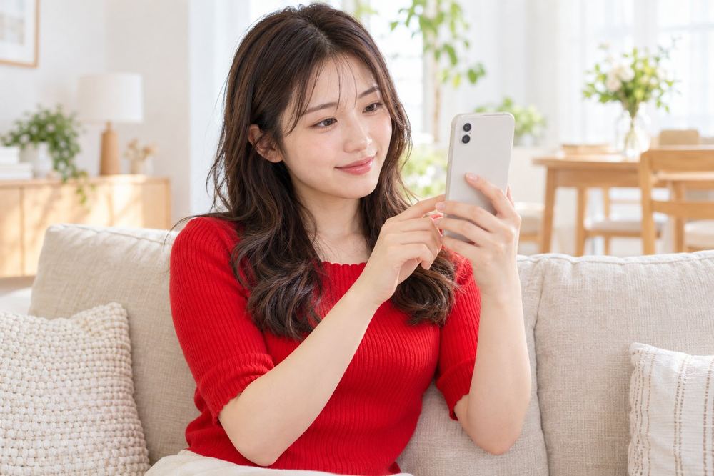 ソファに座った20代の女性が、LIVEの設定画面を自分に向けて、フィルターの強さを確かめている