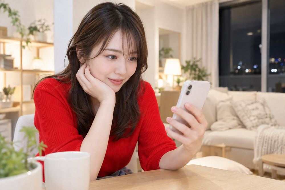 20代の女性が、配信を終えたあとの夜に、スマホでLIVEの録画を再生して自分の映りを見直している