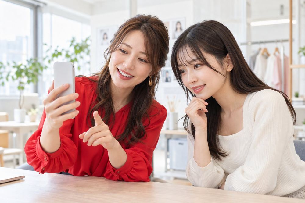 明るいオフィスで、ライバー経験のある女性のマネージャーが、20代の女性にスマホの映り方を見せながら話している