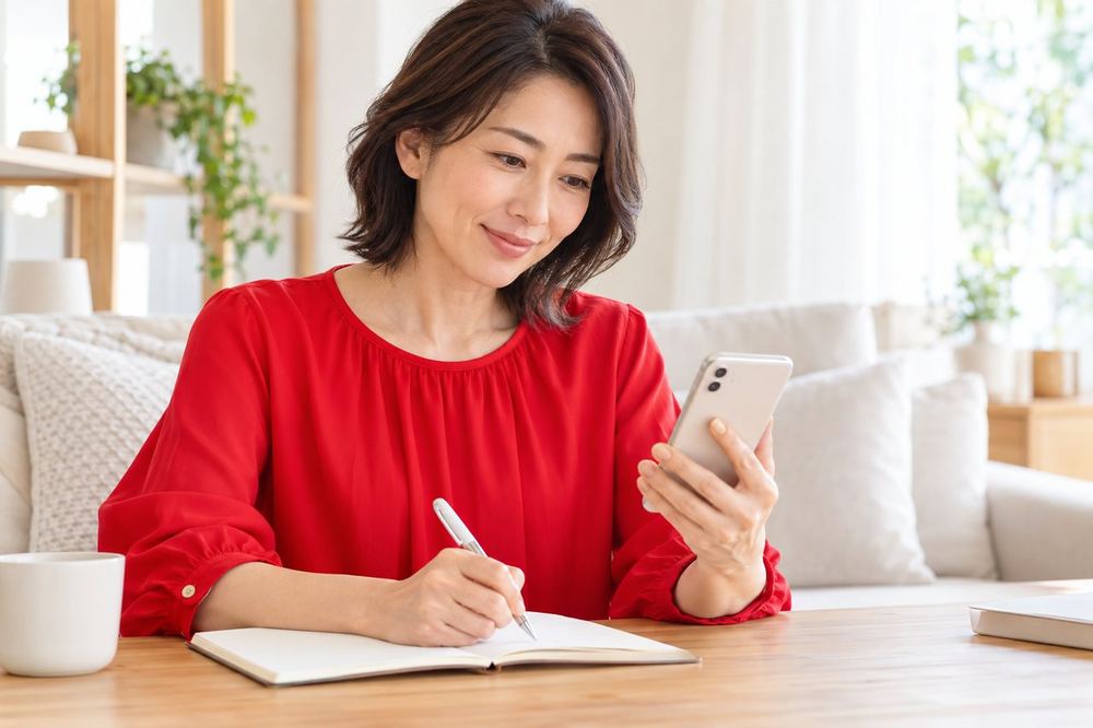 40代の女性がリビングのテーブルでスマホを持ち、TikTokのヘルプの画面を読みながらメモを取っている