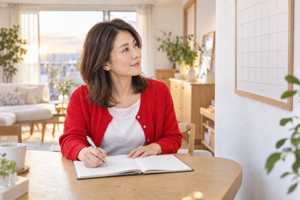 40代の女性が夕方のダイニングで、壁掛けのカレンダーを見ながら手帳に配信できる曜日と時間帯を書き込んでいる