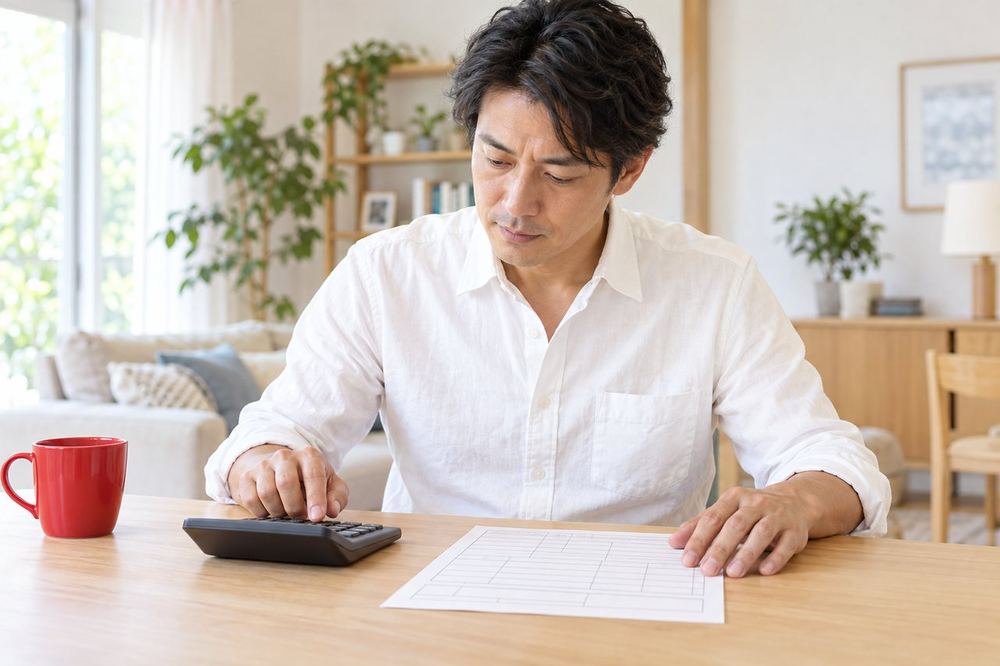 40代の男性が自宅の机で、源泉徴収票と電卓を並べて、一年の収入の合計を確かめている
