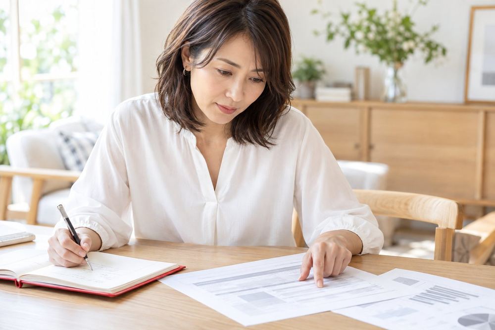 40代の女性が机に契約書を広げ、費用の欄を指でなぞりながら、横に置いたノートに疑問点を書き出している