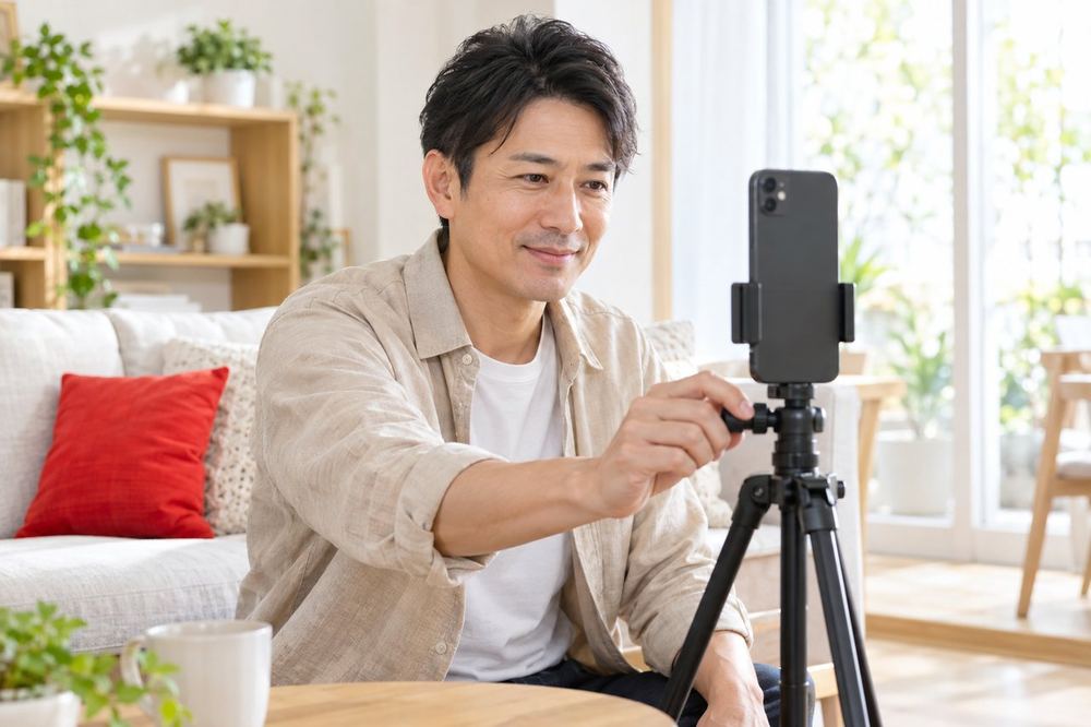 40代の男性が自室でスマホを三脚に立て、画面に映る自分の顔と背景の位置を確かめながら試し配信をしている