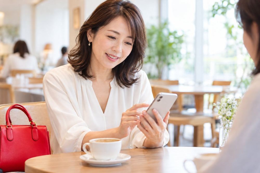 40代の女性がカフェの席でスマホを手に、画面のメッセージを見ながら落ち着いて誰かに相談している