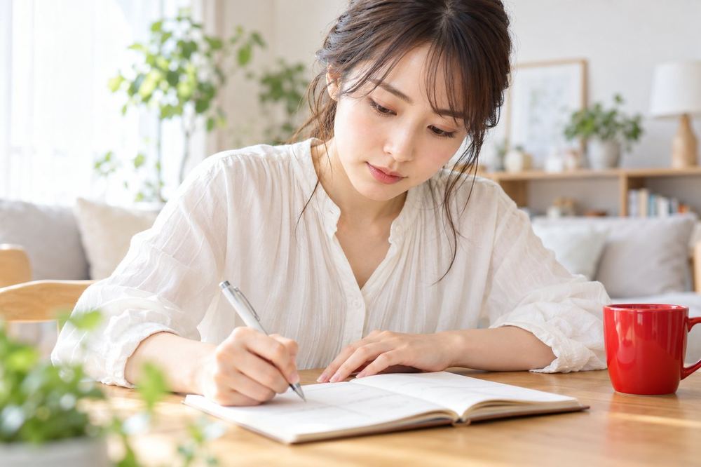 20代の女性が自宅のテーブルでノートに不安に思うことを書き出し、種類ごとに線で分けている