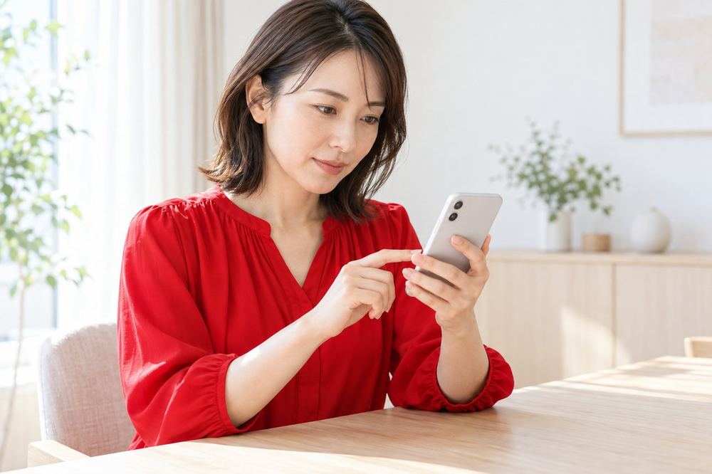 30代の女性がデスクでスマホの設定画面を開き、コメントの設定項目を一つずつ確認している