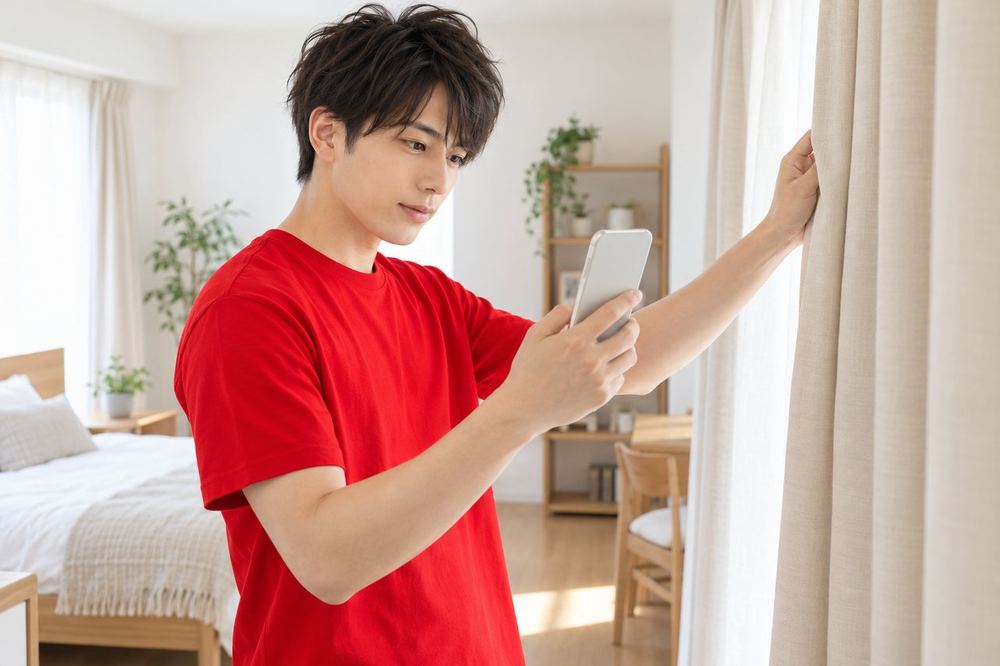 20代の男性が自分の部屋のカーテンを閉め、スマホのカメラに映る背景を確かめている