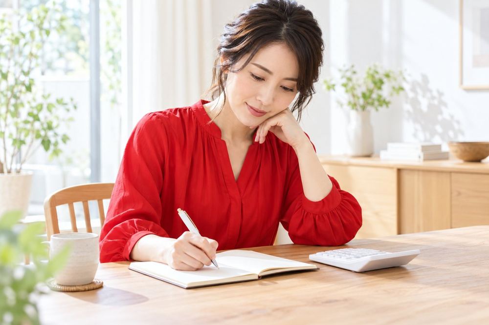 30代の女性がテーブルで電卓とノートを広げ、収入と使ったお金を書き出している