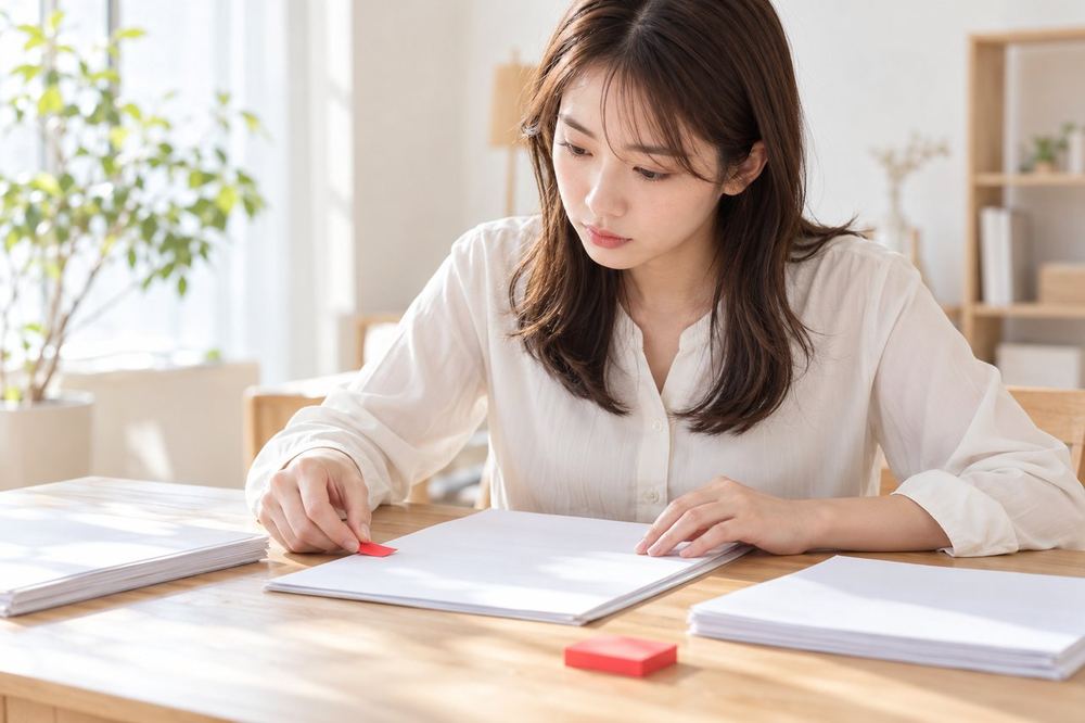 20代の女性が机の上で契約書の書類を読み、気になる箇所に付箋を貼っている
