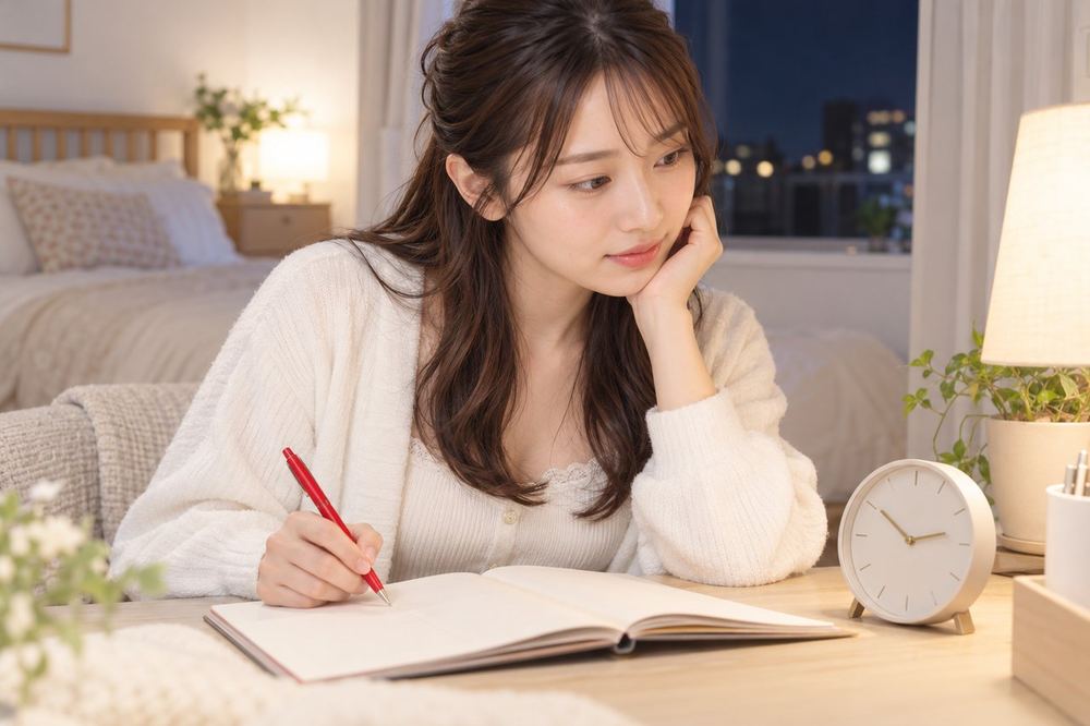 20代の女性が夜の自室で時計と手帳を見ながら、配信の時間と休む日を書き込んでいる