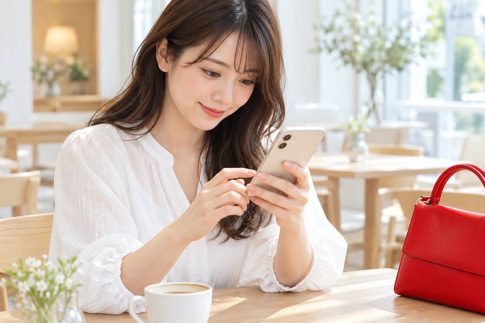 20代の女性がカフェのテーブルでスマホを手にし、担当者とメッセージのやり取りをしている