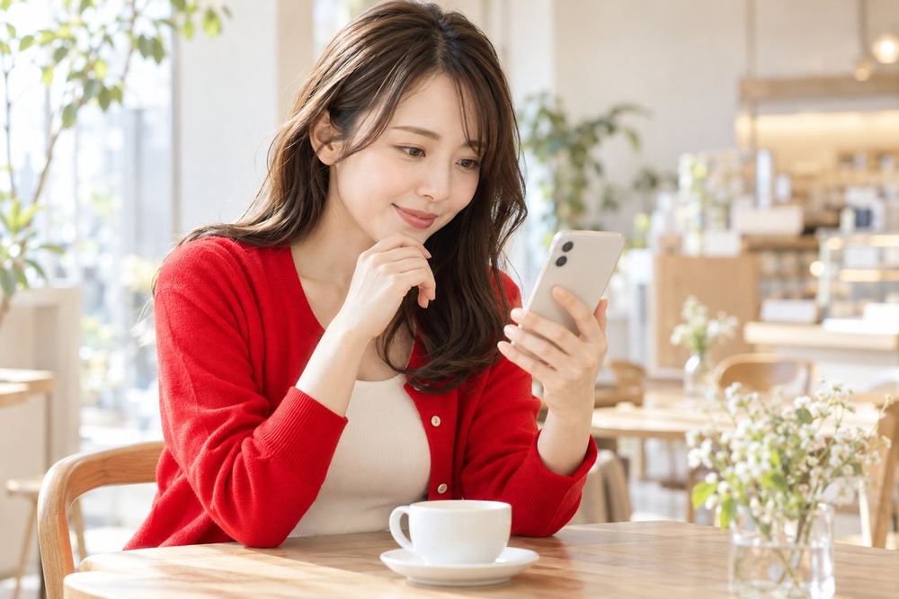 女性がカフェの席で、スマホを見ながら事務所の応募ページを読み比べている