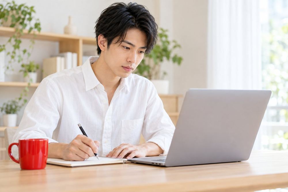 男性が机でノートPCを開き、事務所の募集条件を一項目ずつメモに書き写している
