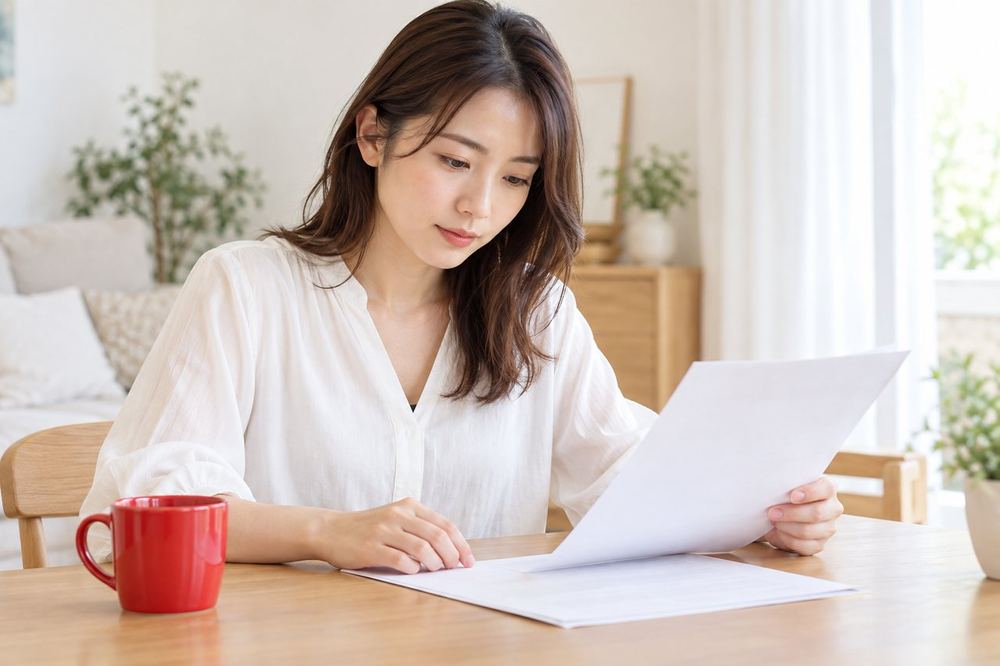 女性が自宅のテーブルで、契約書の控えを前に落ち着いて内容を読み込んでいる