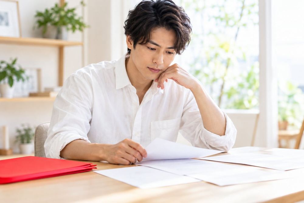 男性が面談の前に、質問をまとめたメモを机に広げて最終確認をしている