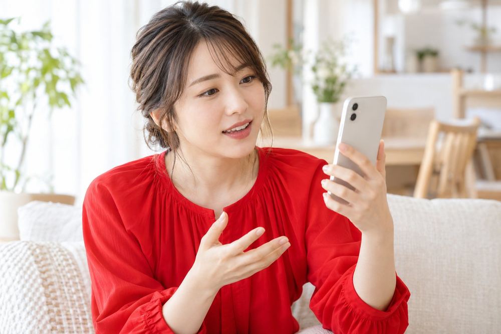 女性がスマホでビデオ通話をしながら、画面の向こうのマネージャーに質問している