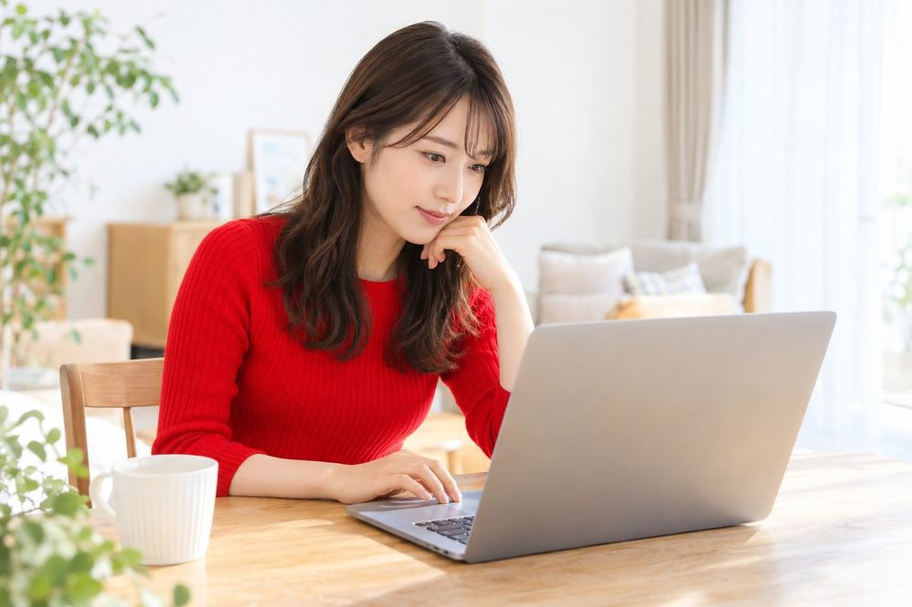 20代の女性が自宅のテーブルでノートパソコンを開き、求人の募集内容を一つずつ読み比べている