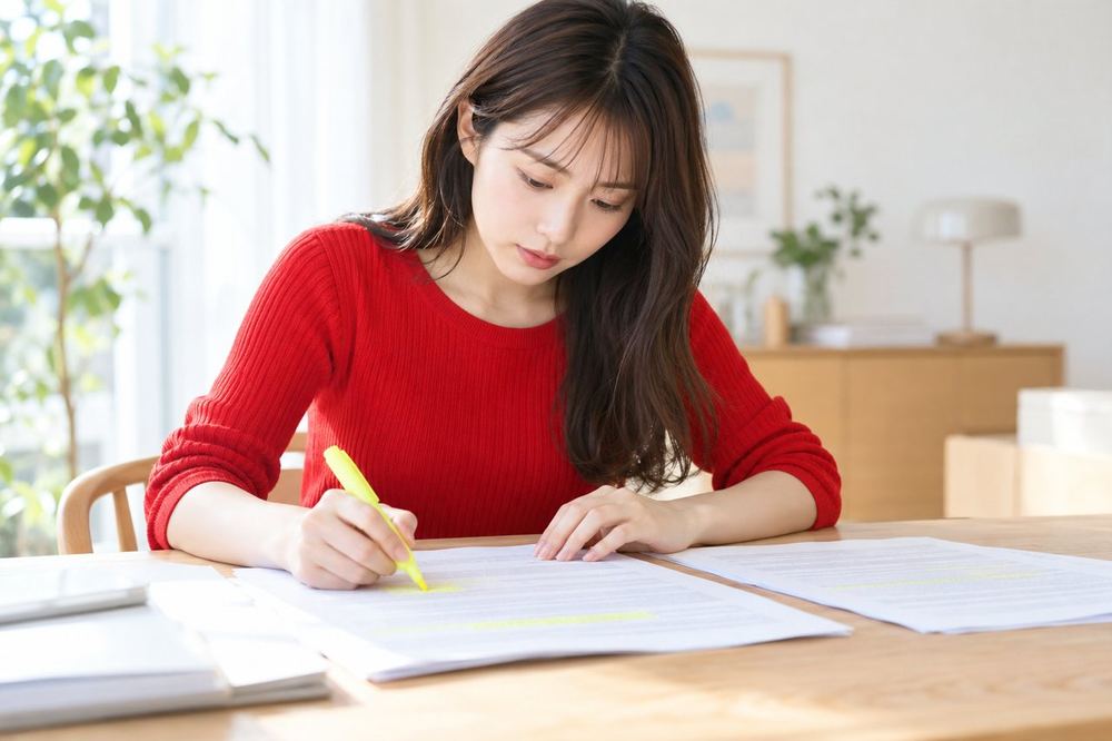 20代の女性が机で契約書の控えを広げ、蛍光ペンで気になる箇所に印をつけながら読んでいる