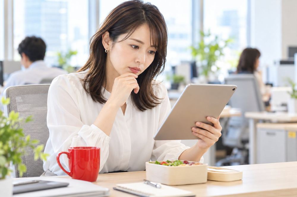 30代の女性がオフィスの昼休みに自分のデスクで、会社の就業規則の副業に関する項目をタブレットで確かめている
