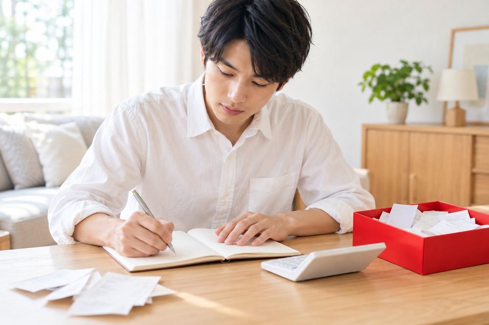 20代の男性が机で電卓と領収書の入った箱を前に、収入と経費をノートに書き出して整理している