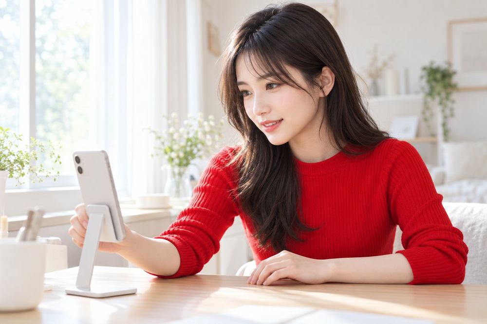 20代の女性が部屋の窓際でスマホスタンドを立てて、初めての配信に向けて画面を確かめている