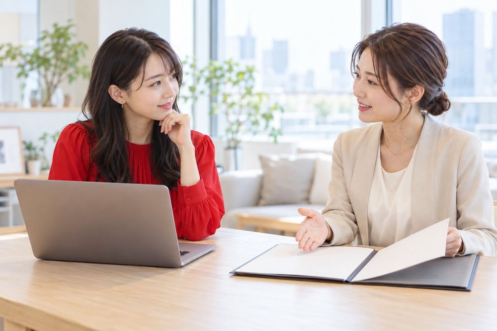 20代の女性が明るい部屋でノートパソコンを前に、向かいに座るマネージャー役の人と契約の内容について話している