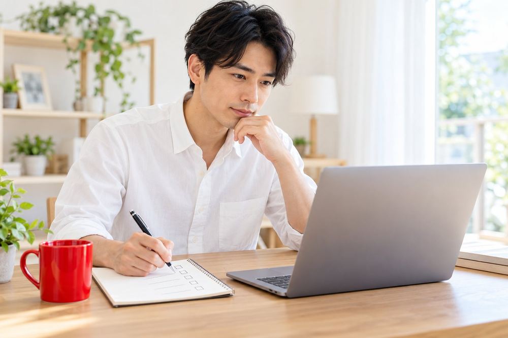 男性が机でノートに6つの確認項目を書き出しながら、募集ページを読んでいる