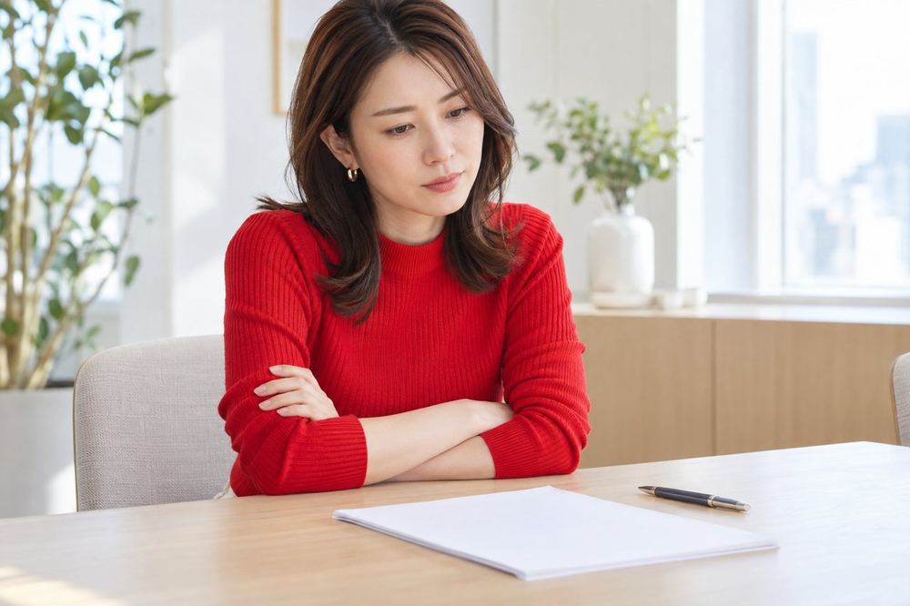 女性が事務所のテーブルで契約書を前に、腕を組んで落ち着いて考えている
