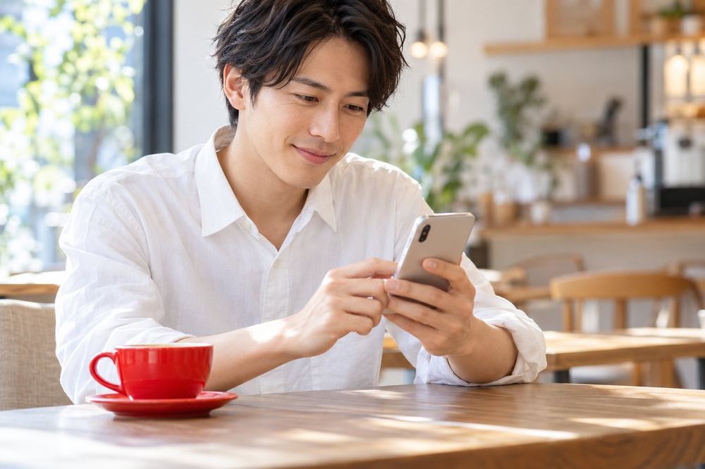 男性がカフェでスマホを操作して、応募のメッセージを送っている