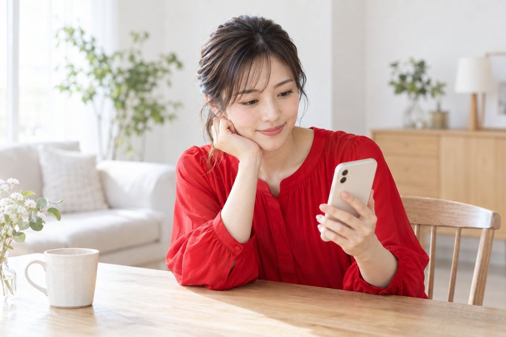 女性がスマホでLINEの画面を見ながら、面談の日程を落ち着いて考えている