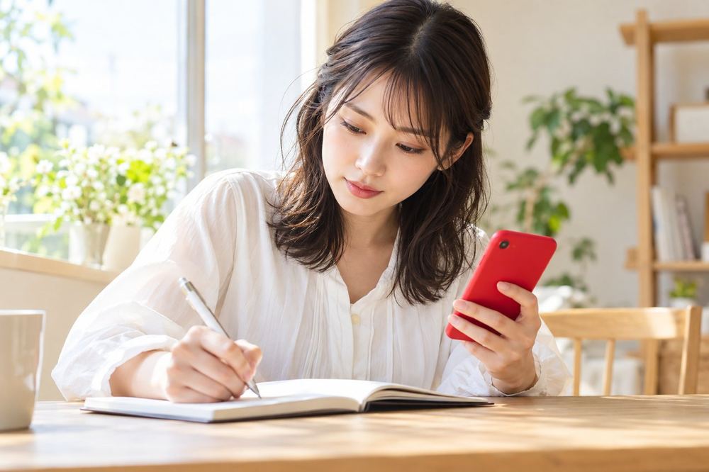 20代の女性が自宅の窓際のテーブルで、スマホを手に持ちながら、不安に思うことをノートに書き出している