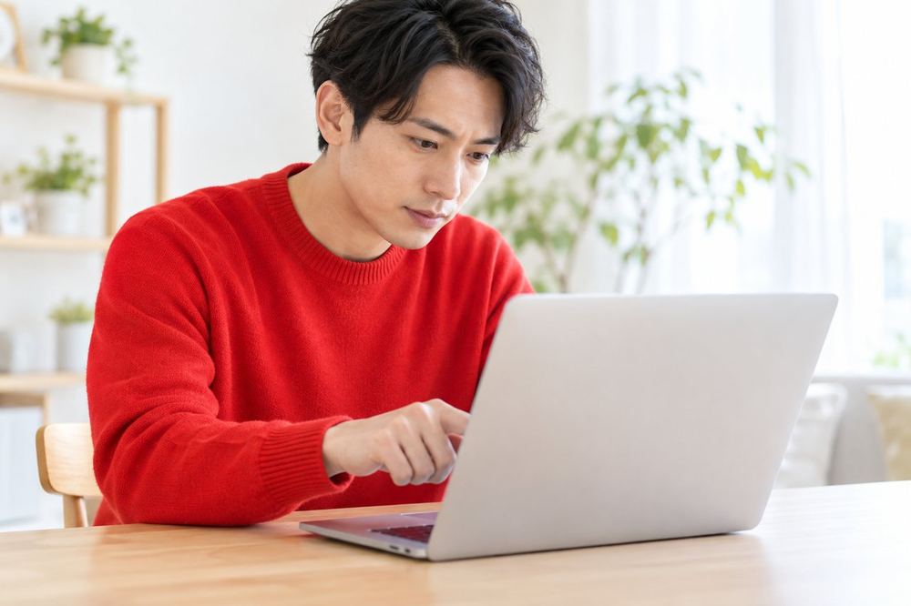 30代の男性が机でノートパソコンを開き、公式ヘルプの条件の説明を一行ずつ指でなぞって読んでいる