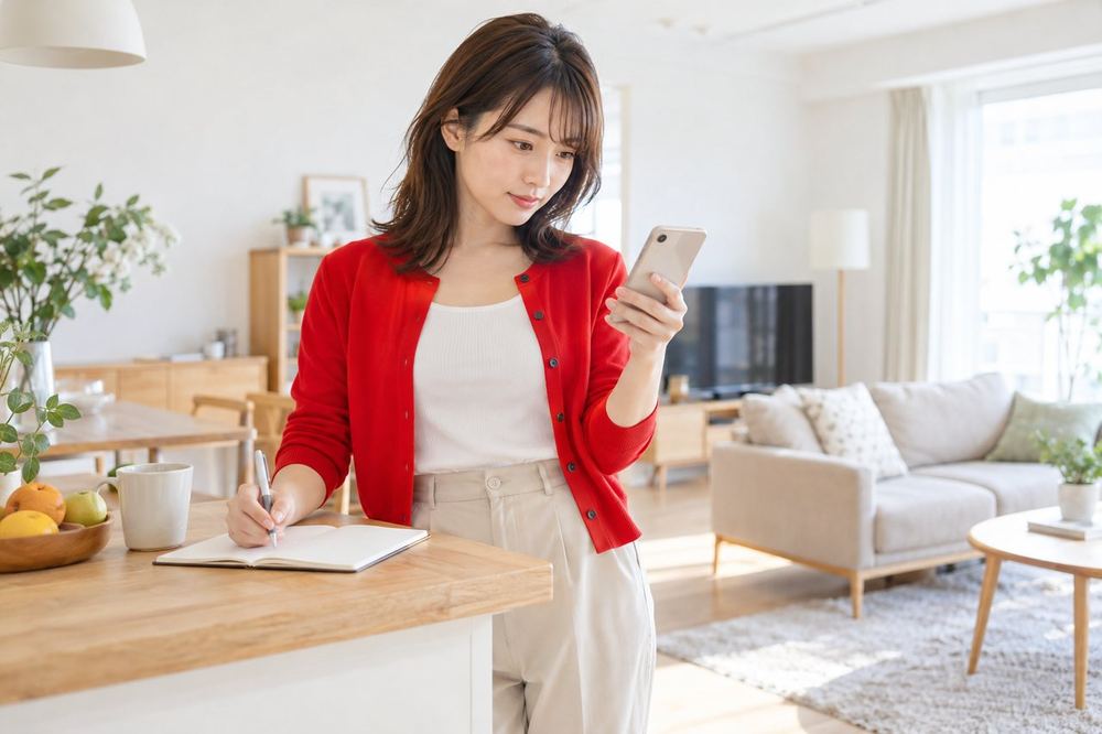 20代の女性が部屋の中を歩きながら、スマホの画面で通信の速度を測って、場所ごとに数字をメモしている