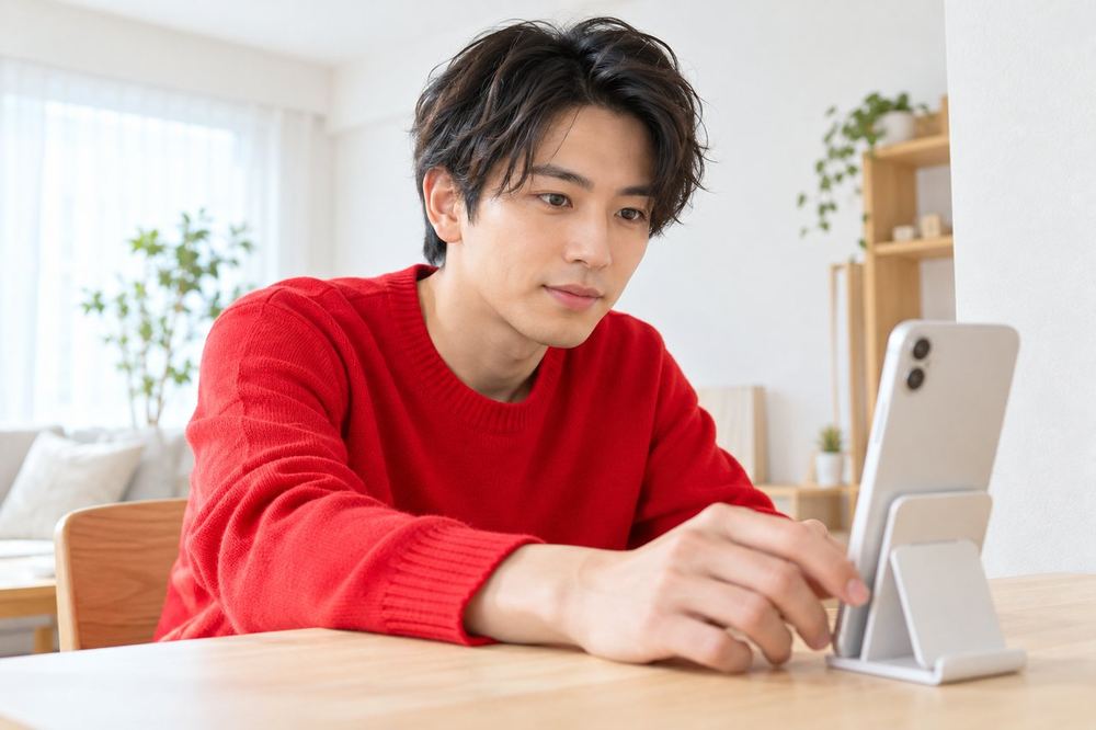 20代の男性が自宅の一室で、壁際にスマホを立てて、背景に映るものを画面で確かめている